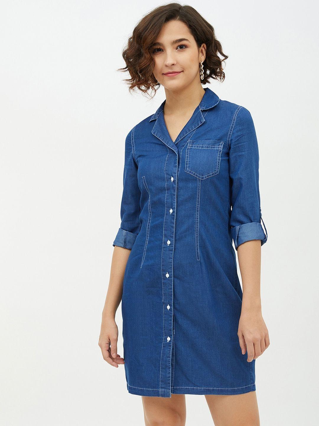 stylestone women blue solid chambray shirt dress