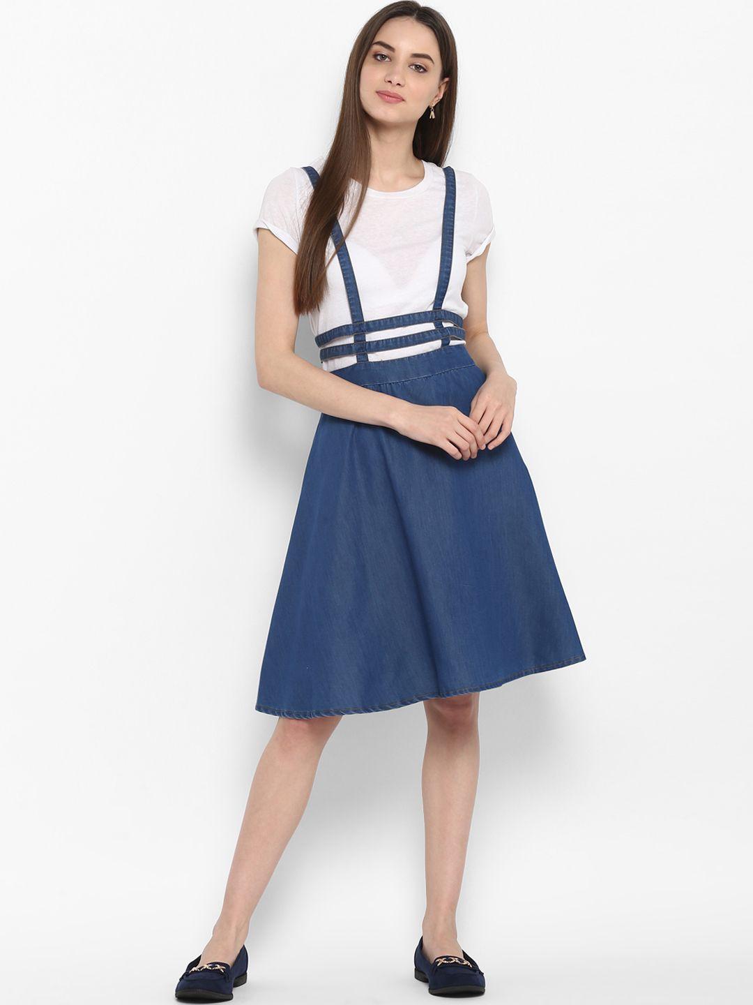 stylestone women blue solid denim pinafore dress