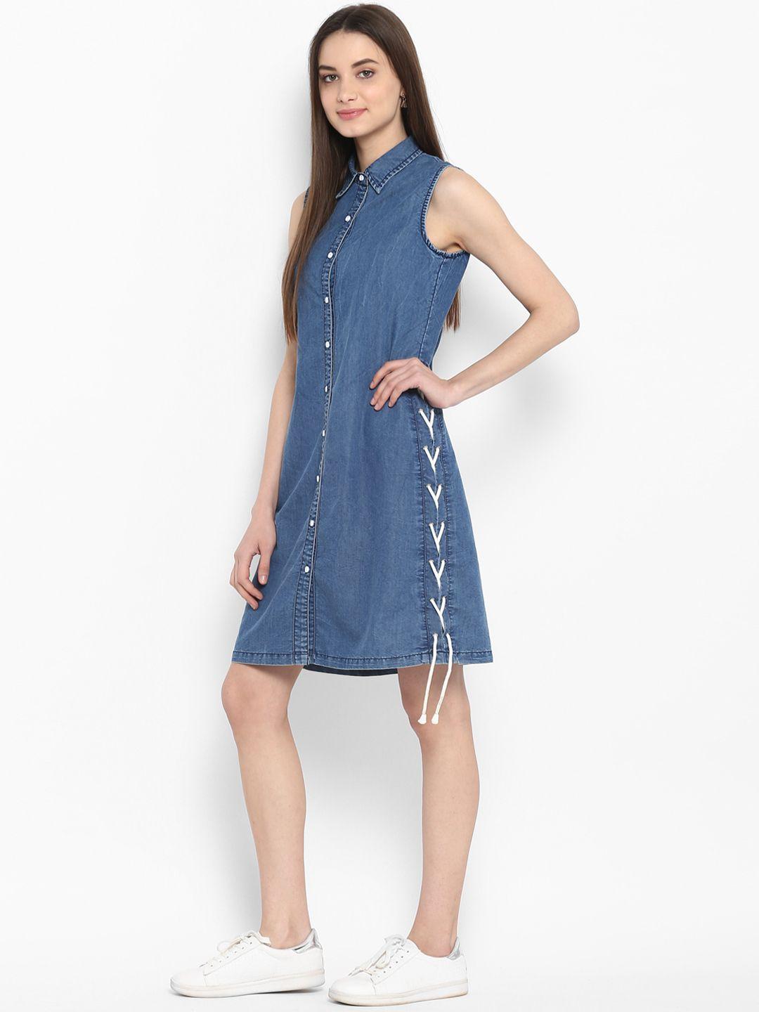 stylestone women blue solid denim shirt dress