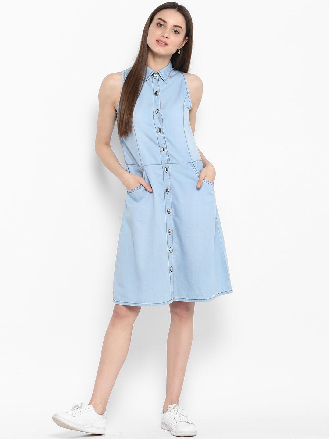 stylestone women blue solid denim shirt dress