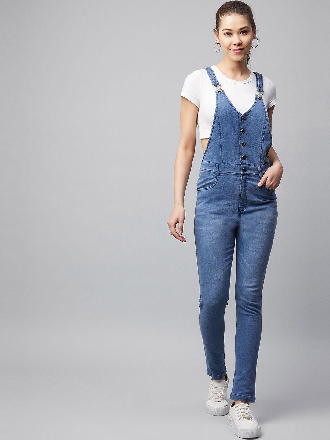 stylestone women blue solid pure cotton straight leg dungarees