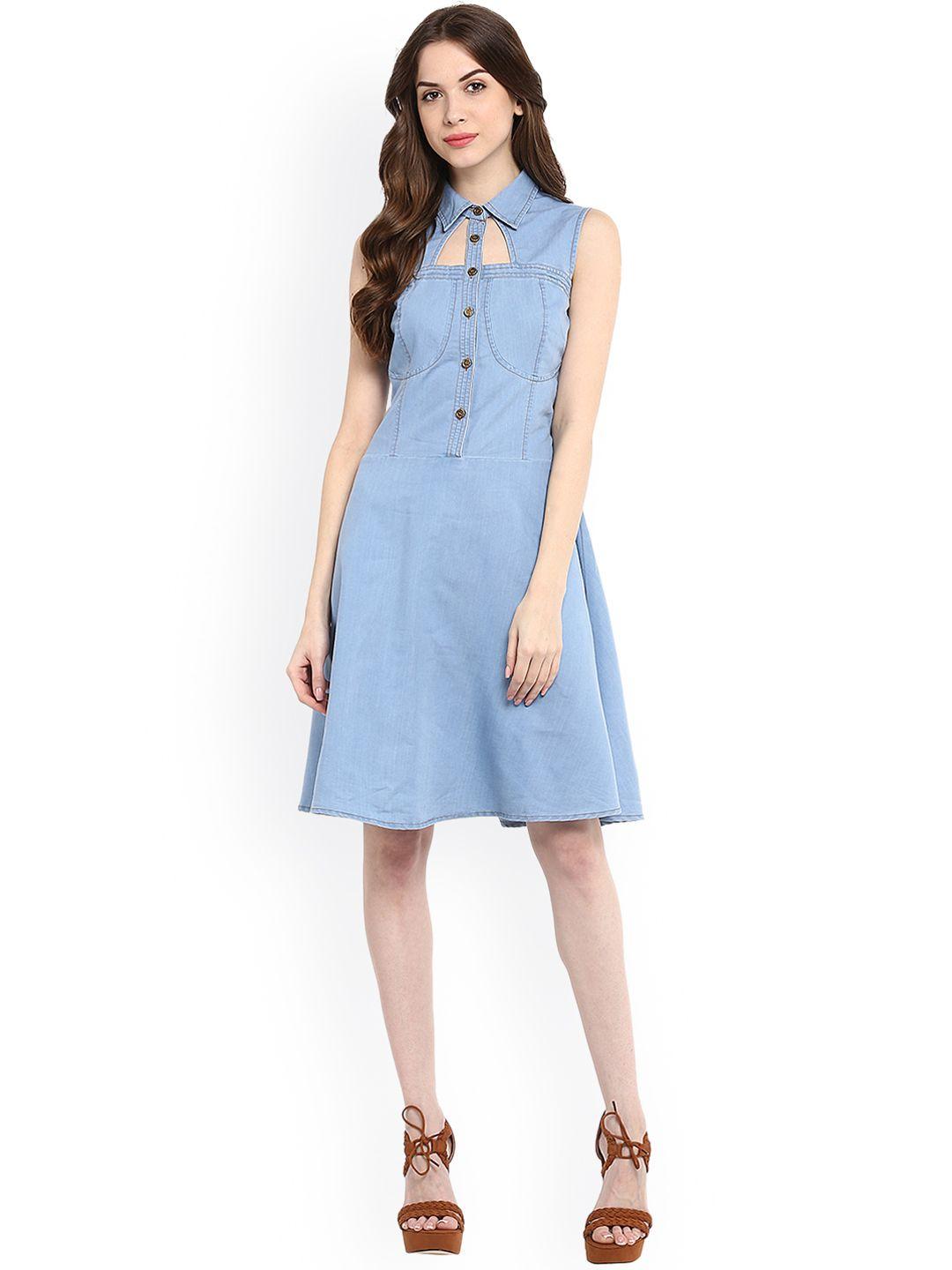 stylestone women denim blue solid a-line dress