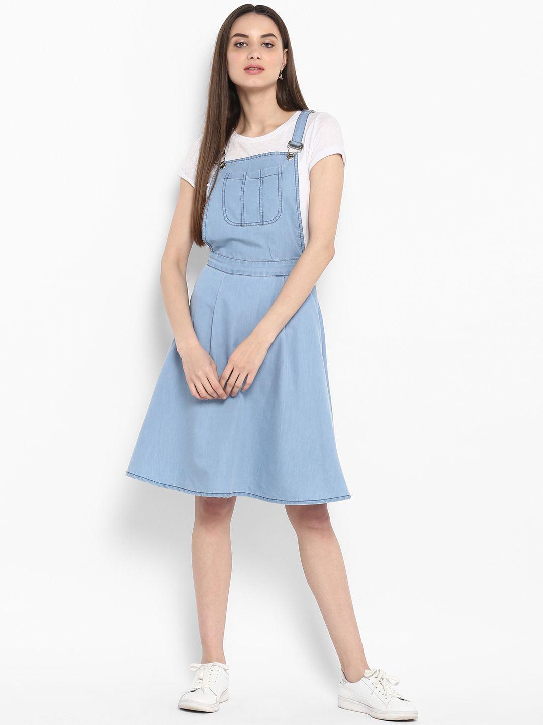 stylestone women denim blue solid pinafore dress