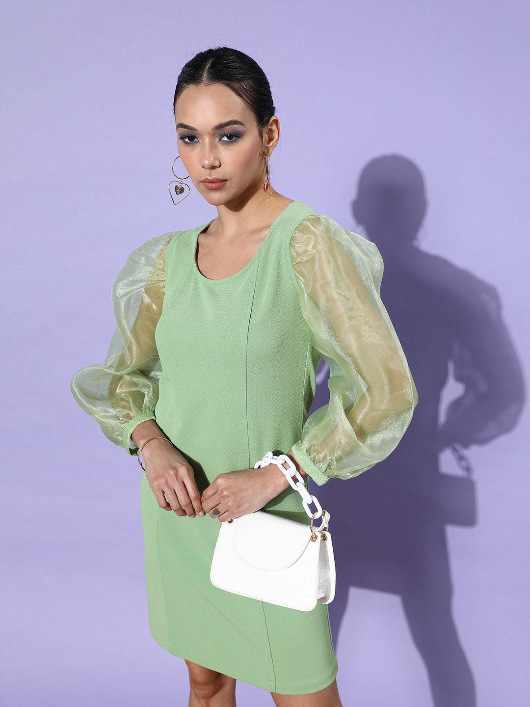stylestone women gorgeous green solid puff sleeves dress