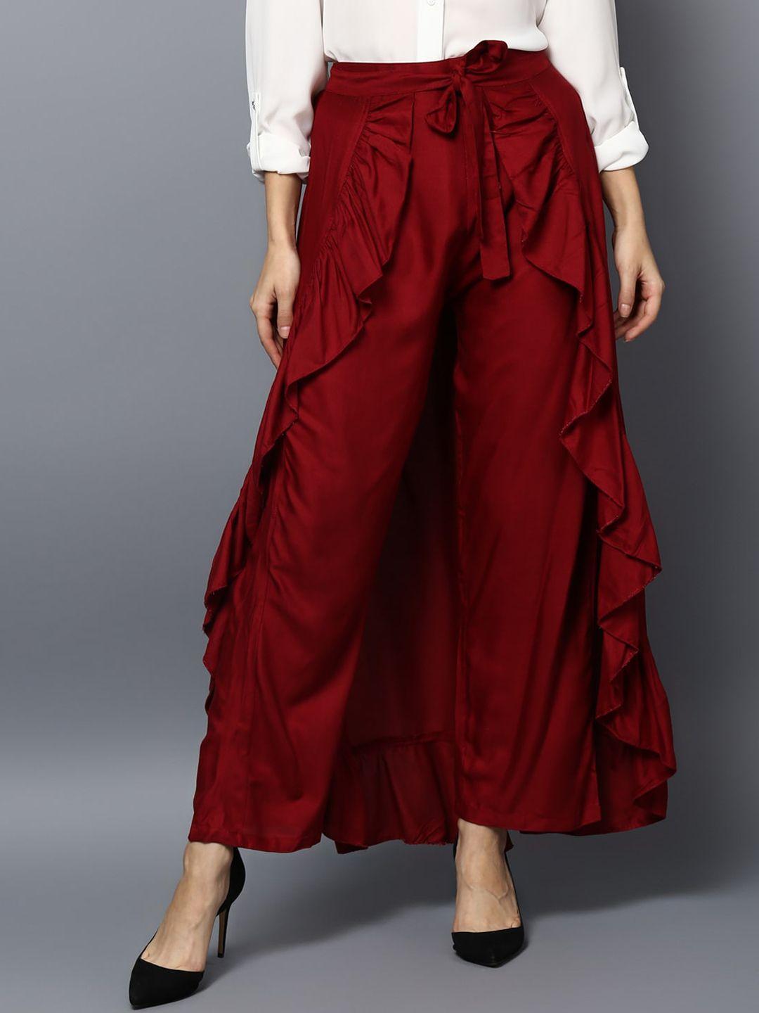 stylestone women maroon solid ruffled flared maxi skirt