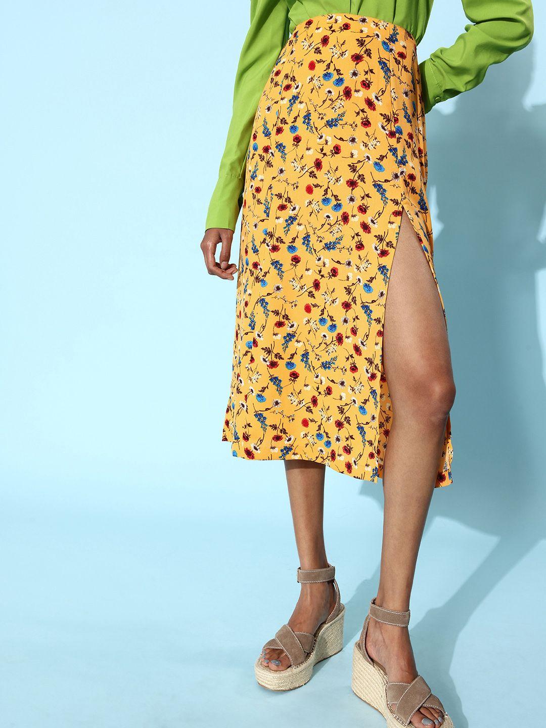 stylestone women mustard yellow & orange floral print midi a-line skirt with side slit