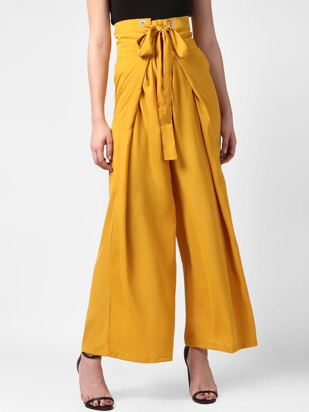 stylestone women mustard yellow regular fit solid parallel trousers