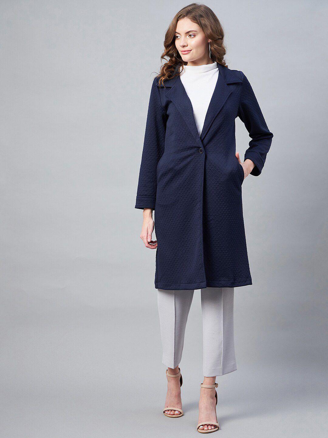 stylestone women navy blue self design overcoat