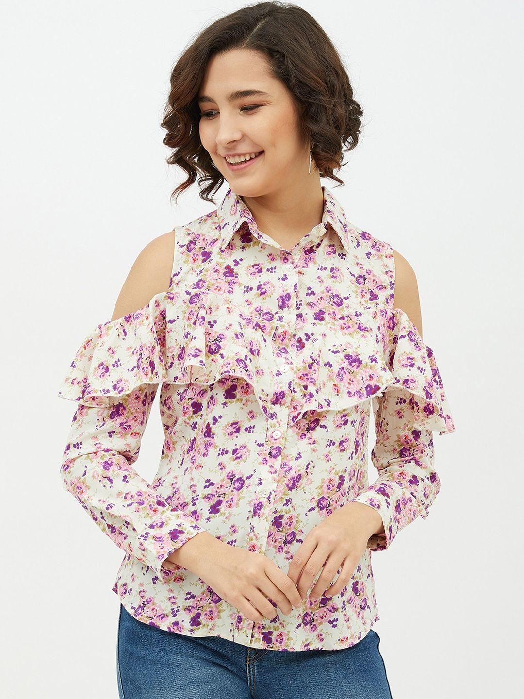 stylestone women off-white & purple comfort regular fit printed casual shirt