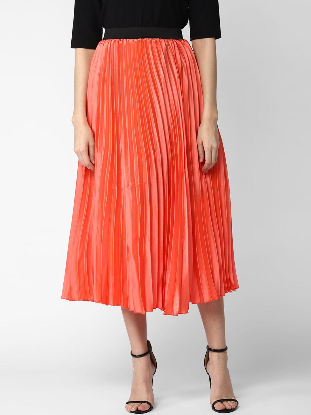 stylestone women orange solid satin pleated flared midi skirt