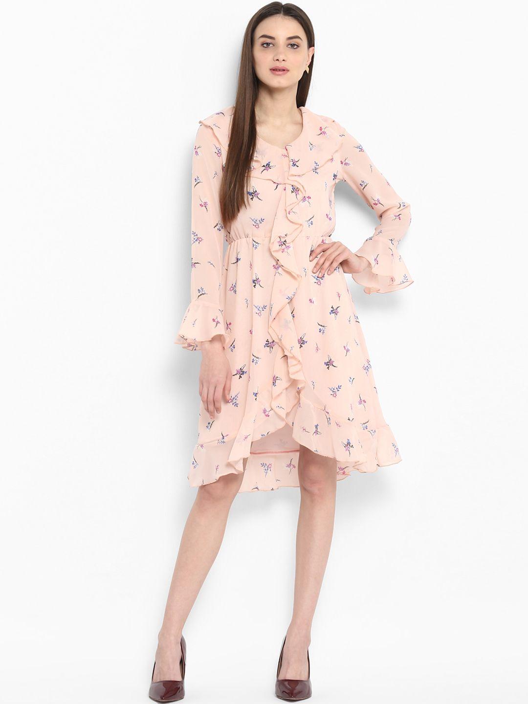 stylestone women peach-coloured printed fit and flare dress