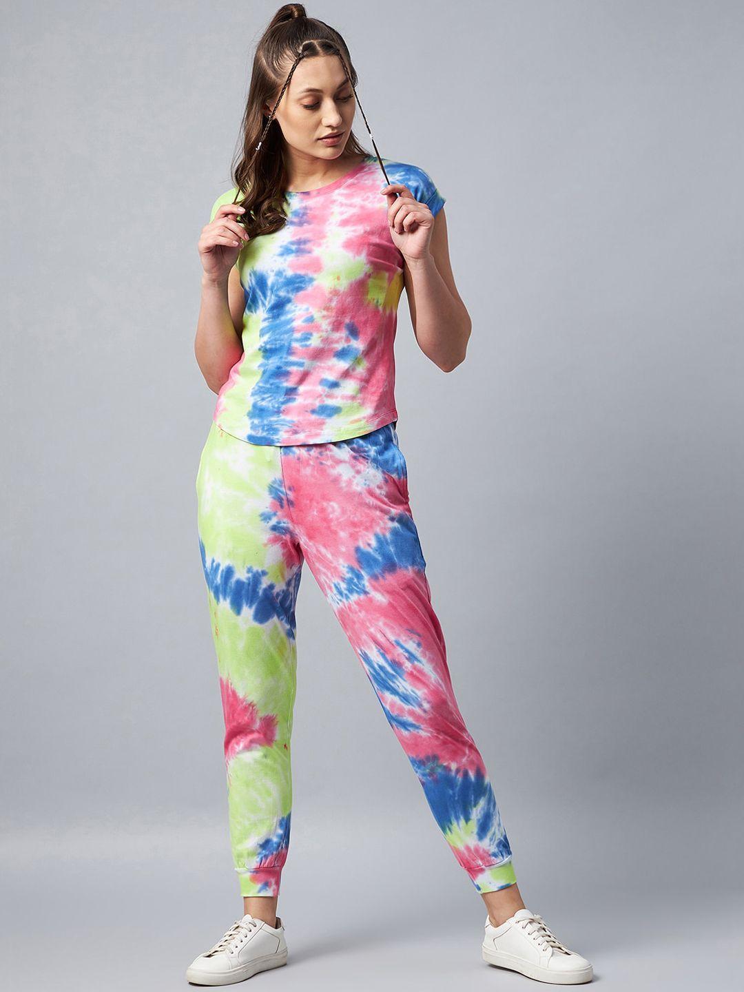 stylestone women pink & blue tie & dye printed tracksuits