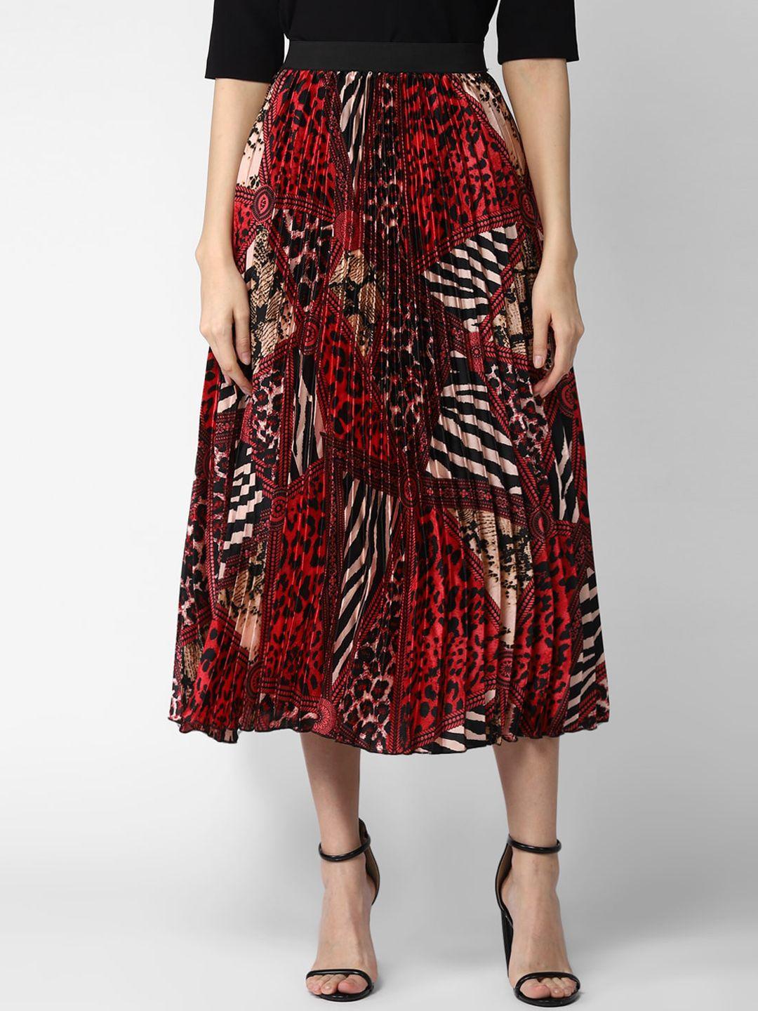 stylestone women red & black printed accordion pleated midi skirt