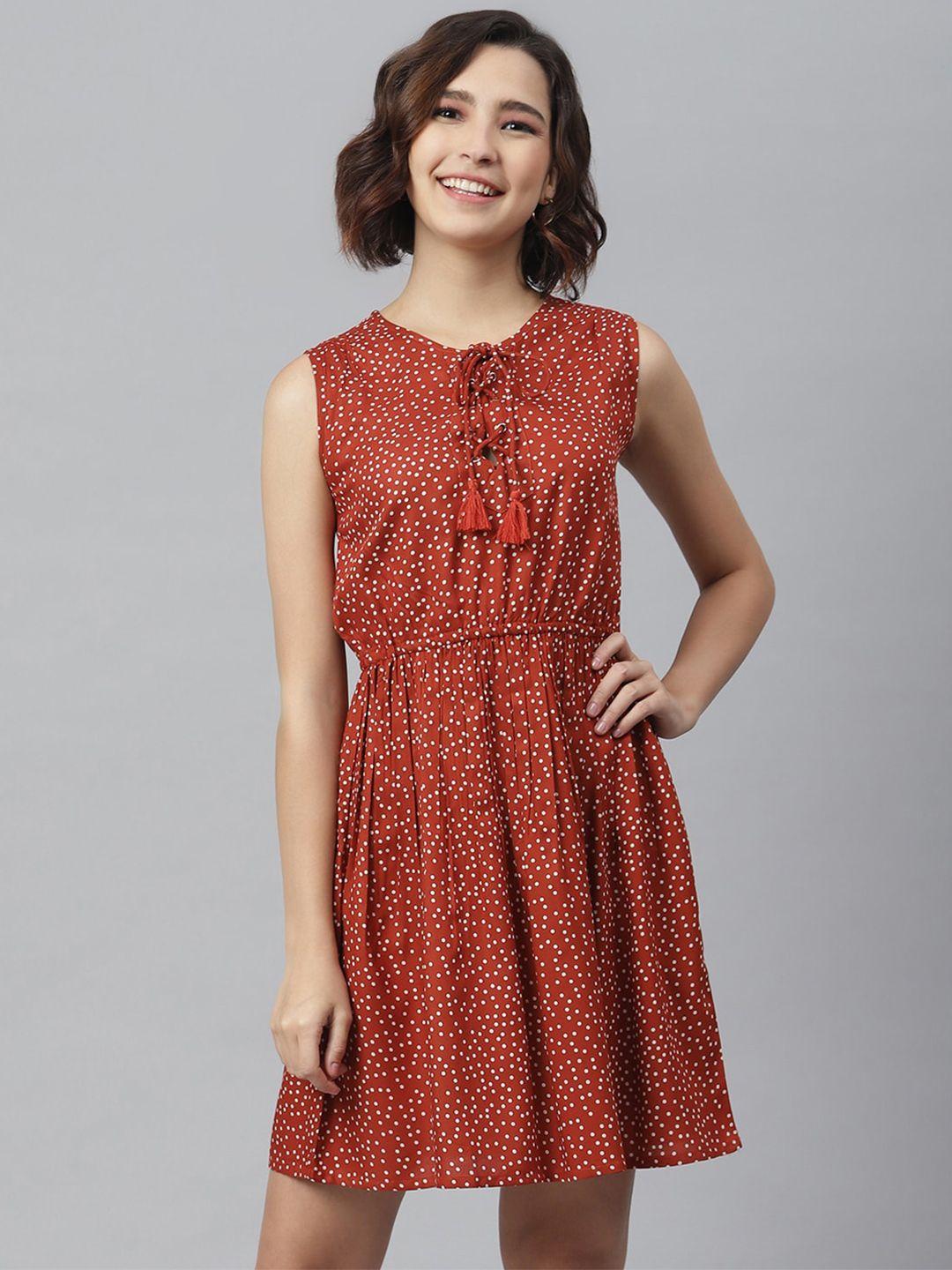 stylestone women rust polka dots printed fit and flare dress