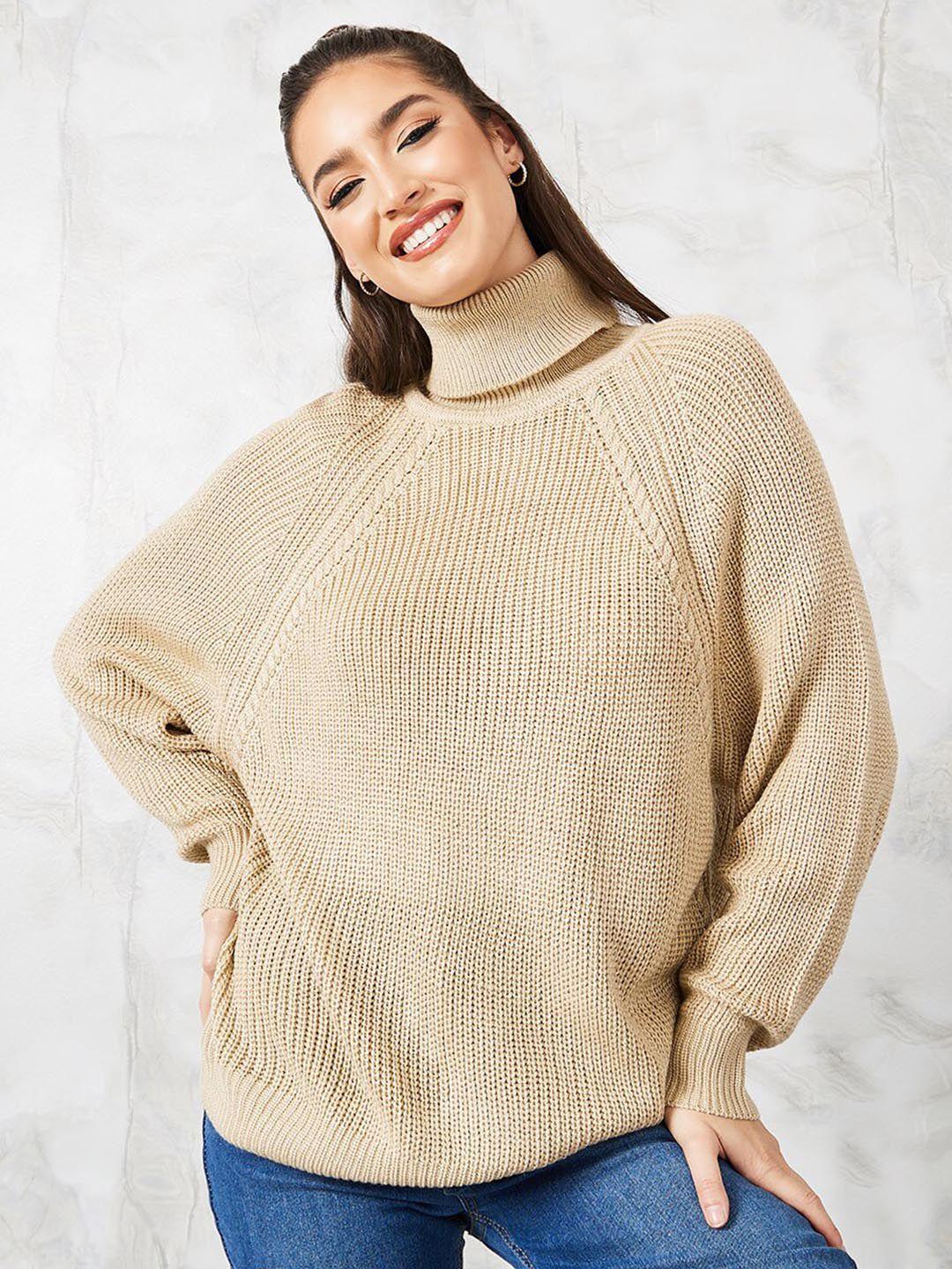 styli beige cable knit self design turtle neck acrylic pullover sweater