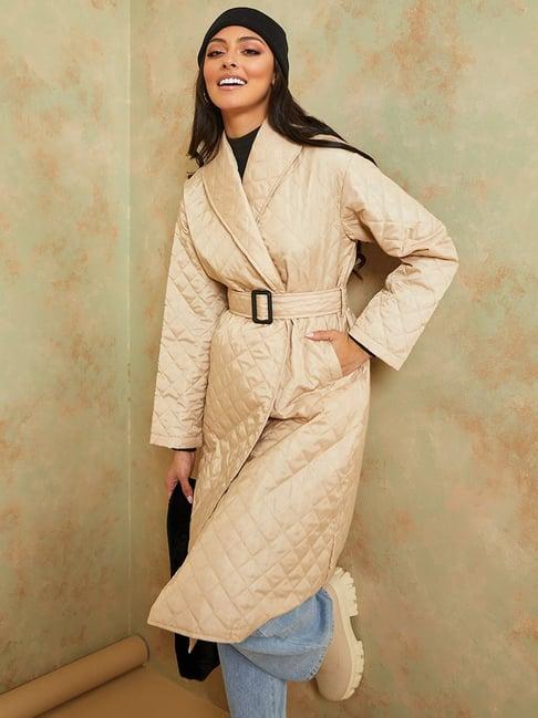 styli beige quilted pattern coat with belt