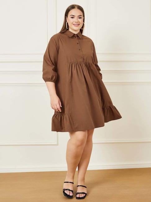 styli brown cotton peplum dress