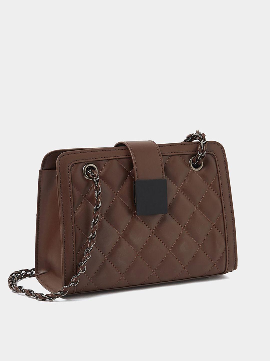 styli brown pu structured sling bag with quilted