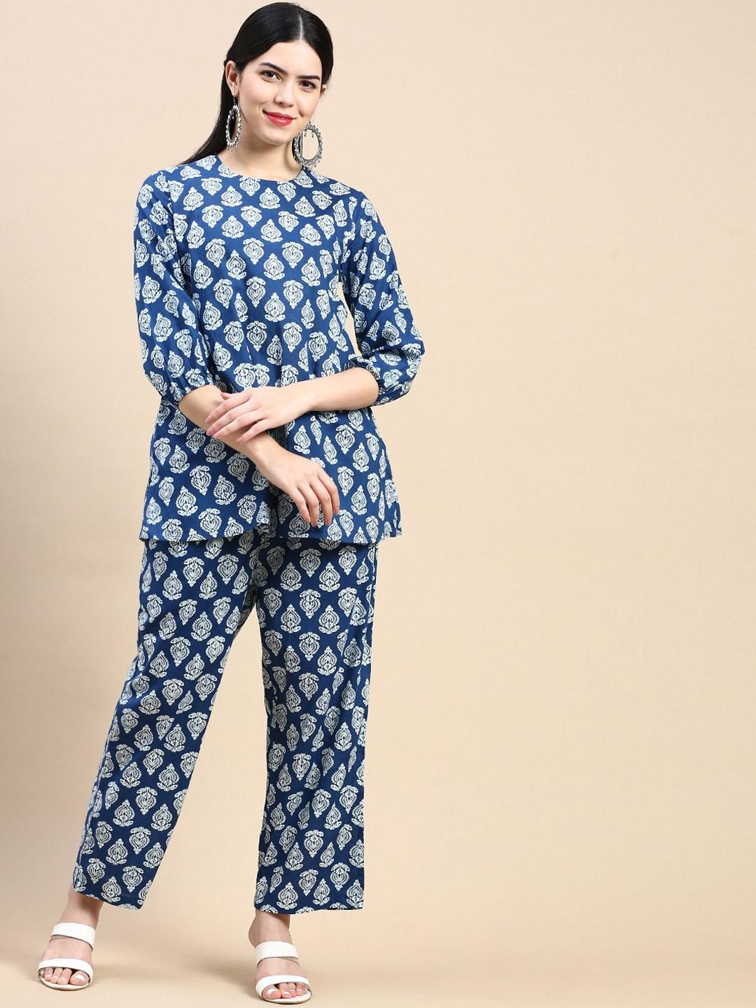 styli ethnic motifs printed pure cotton a-line top with trousers