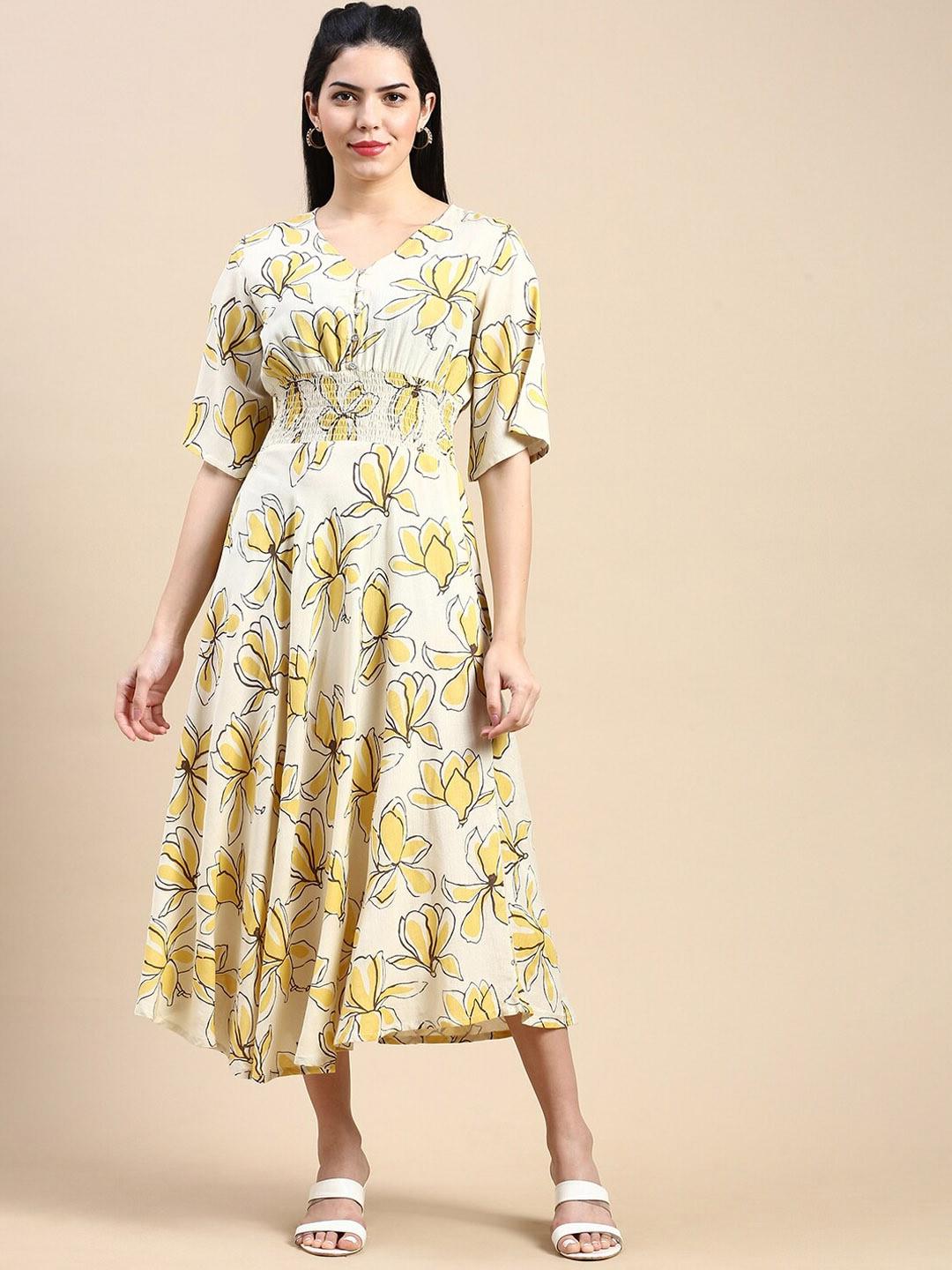 styli floral printed v-neck flared sleeves smocked fit & flare midi ethnic dress