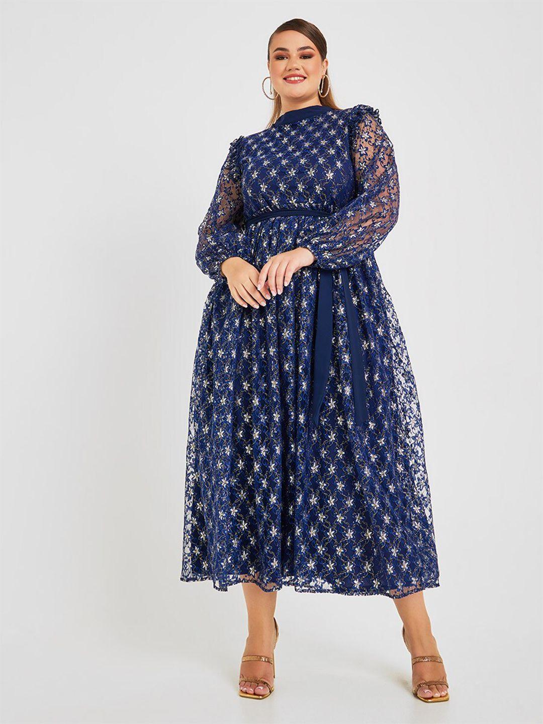 styli-floral-self-design-mock-neck-puff-sleeves-gathered-fit-&-flare-midi-dress