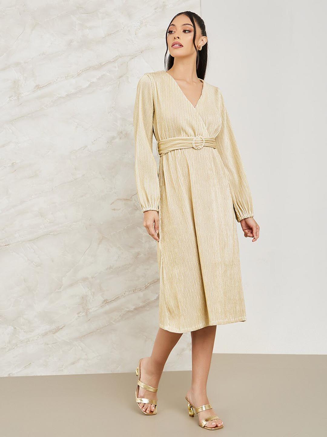 styli gold-toned v-neck pleated belted a-line midi dress