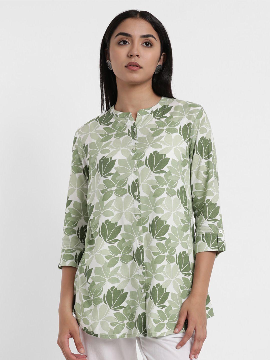 styli green floral printed mandarin collar tunic