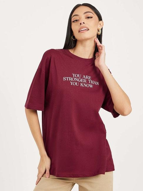 styli maroon cotton printed t-shirt