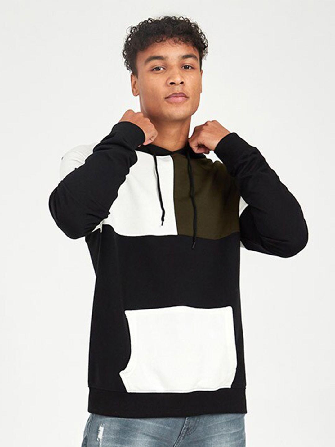 styli men black & white colourblocked hooded pure cotton sweatshirt