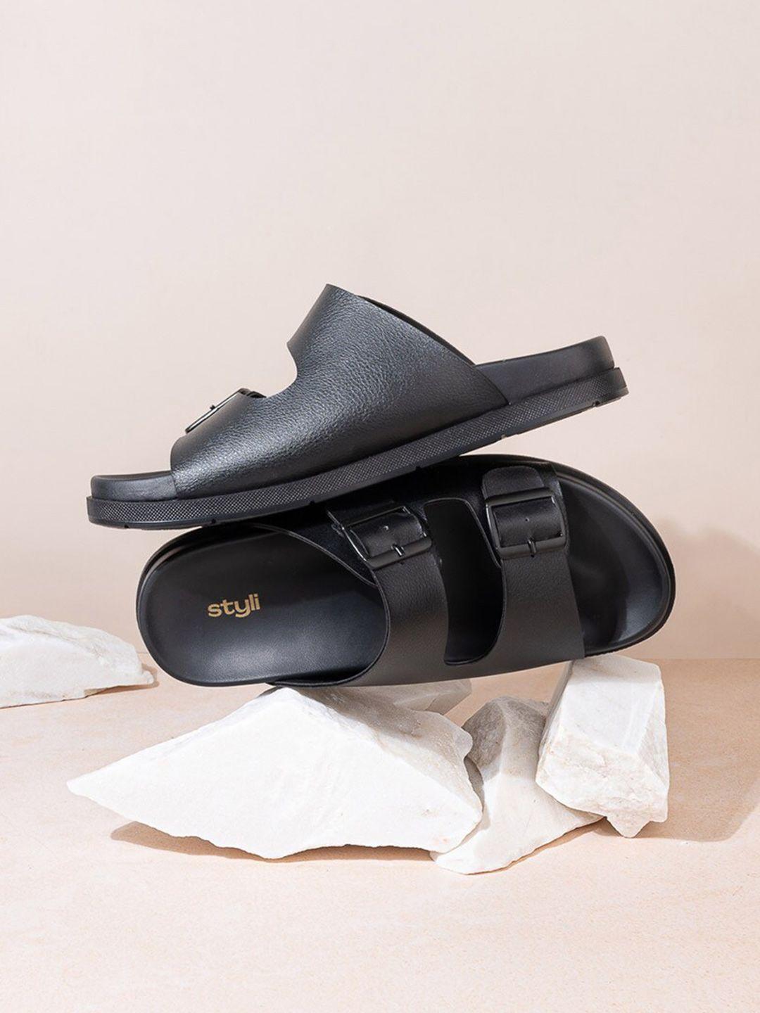 styli men black buckle detail comfort sandals