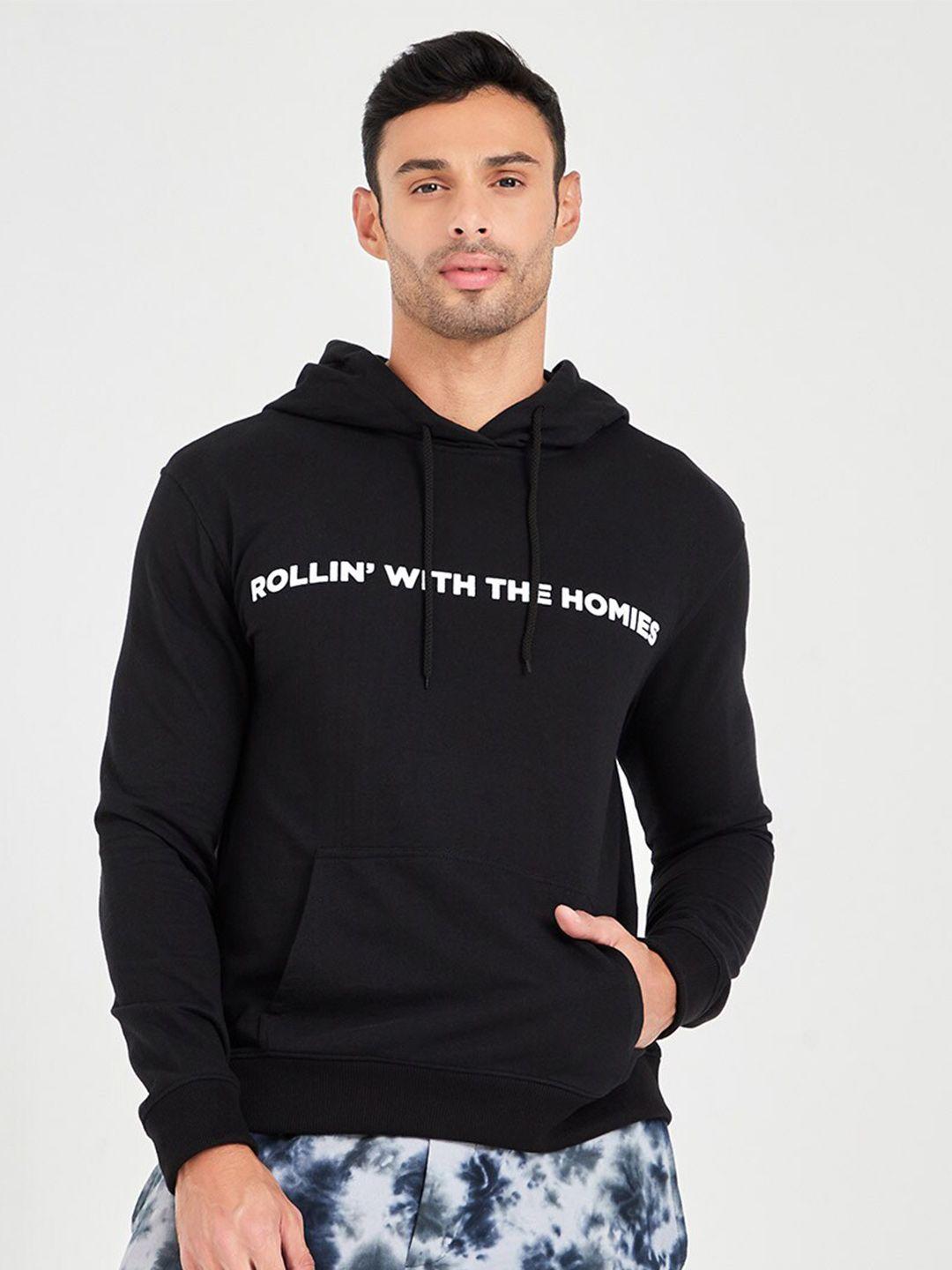 styli men black printed hooded pure cotton sweatshirt