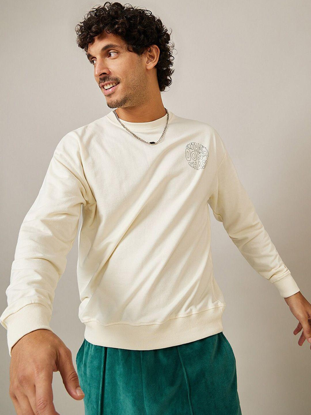 styli men cream-coloured solid cotton sweatshirt