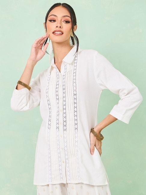 styli off-white cotton self pattern tunic