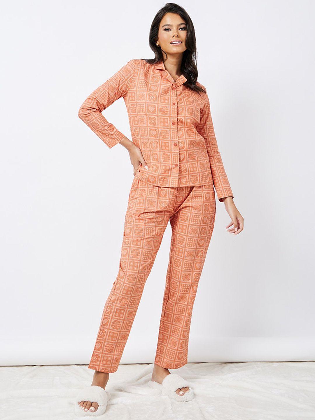 styli orange conversational printed cotton shirt and pyjama night suit