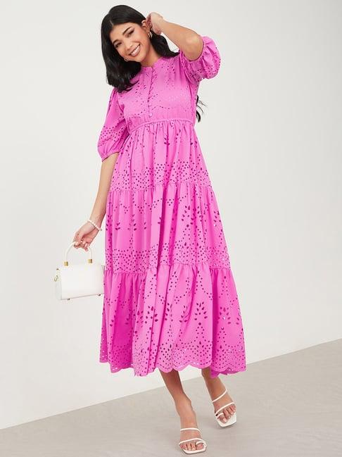 styli pink self pattern a-line dress