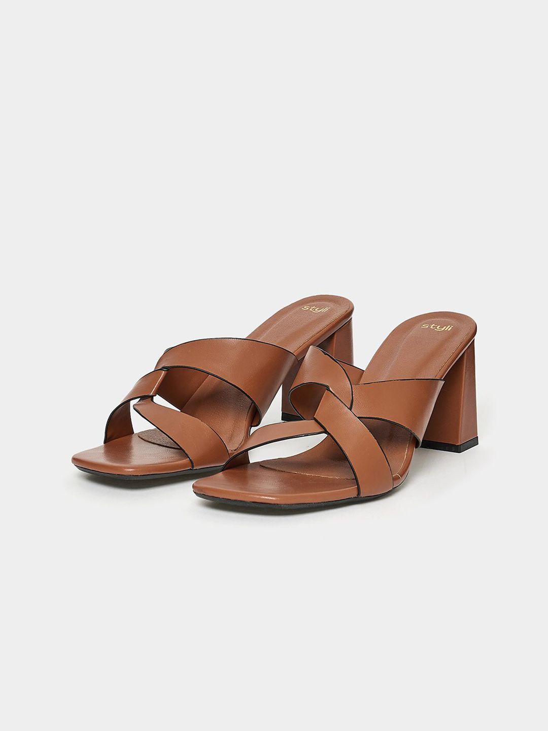 styli tan brown twisted strap block heels