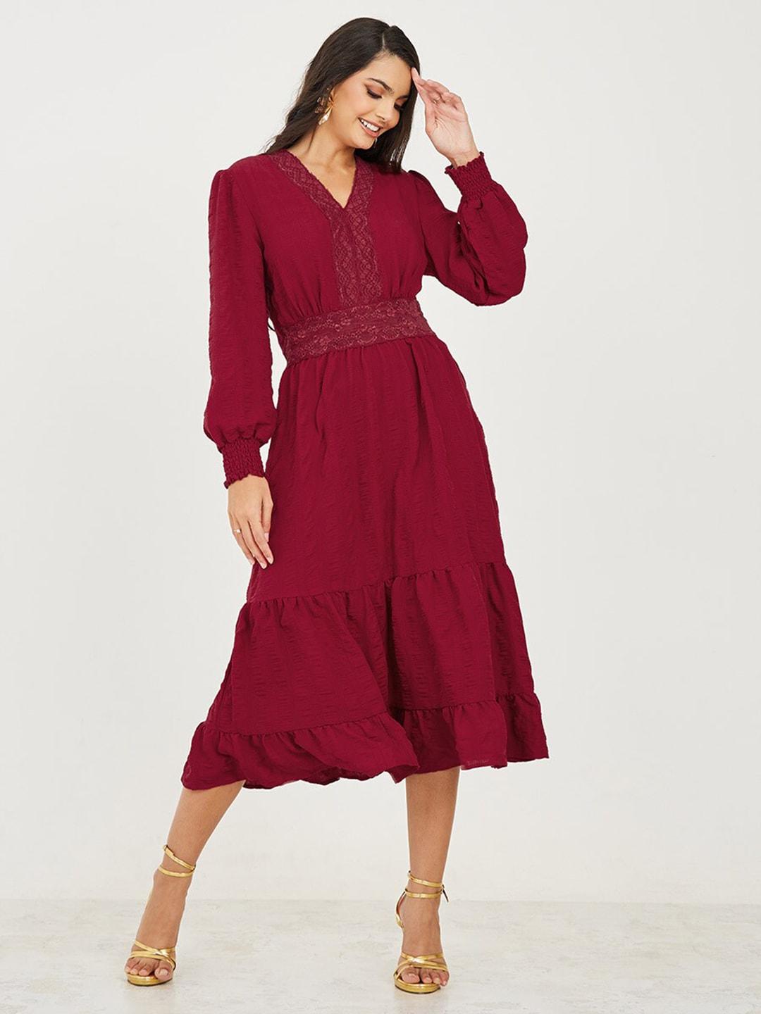 styli v-neck puff sleeves tiered lace inserts fit & flare dress