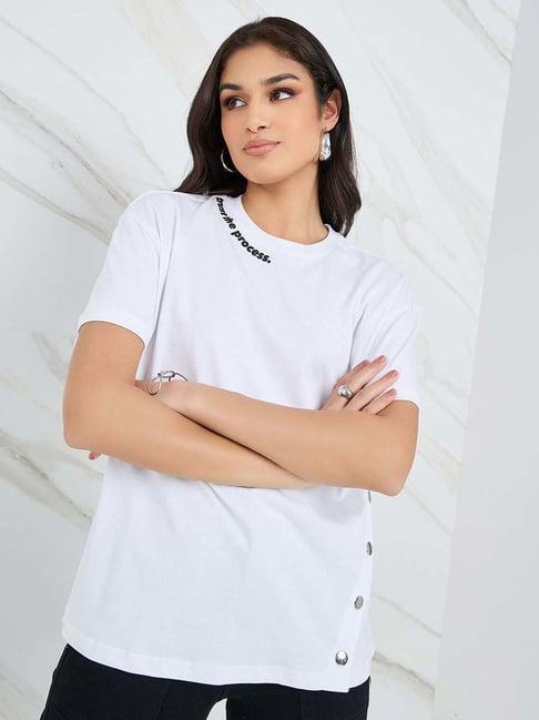 styli white cotton printed oversized t-shirt