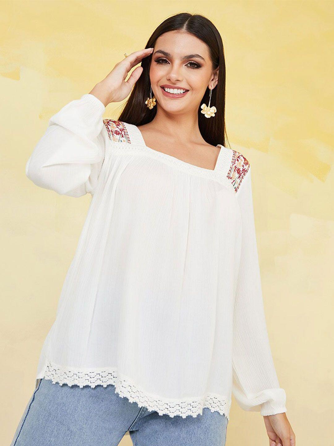 styli white floral embroidered square neck a-line top