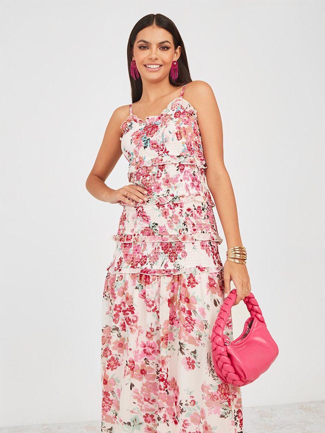 styli white floral printed smocked maxi dress