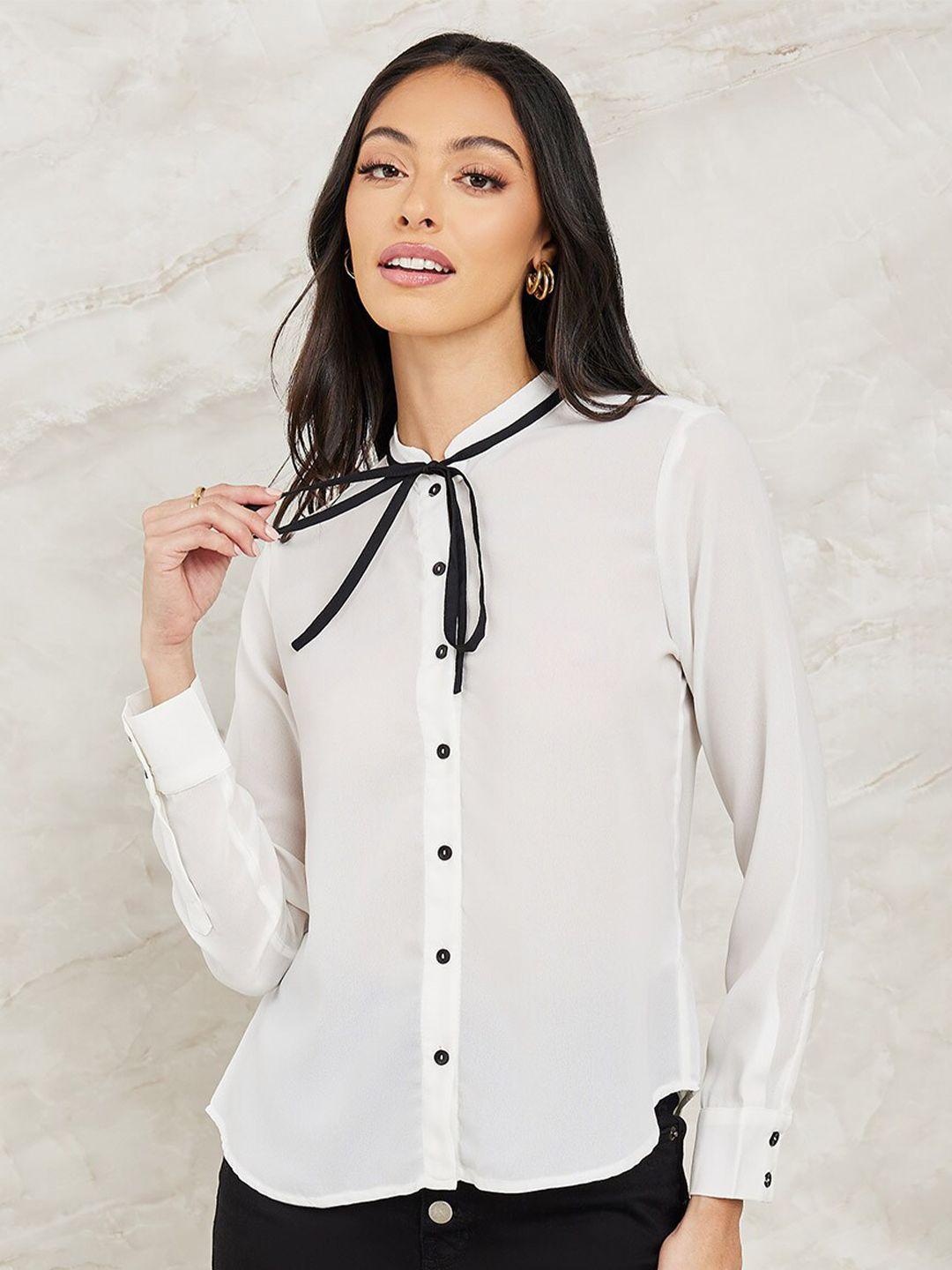 styli white ribbon collar long sleeves casual cotton shirt