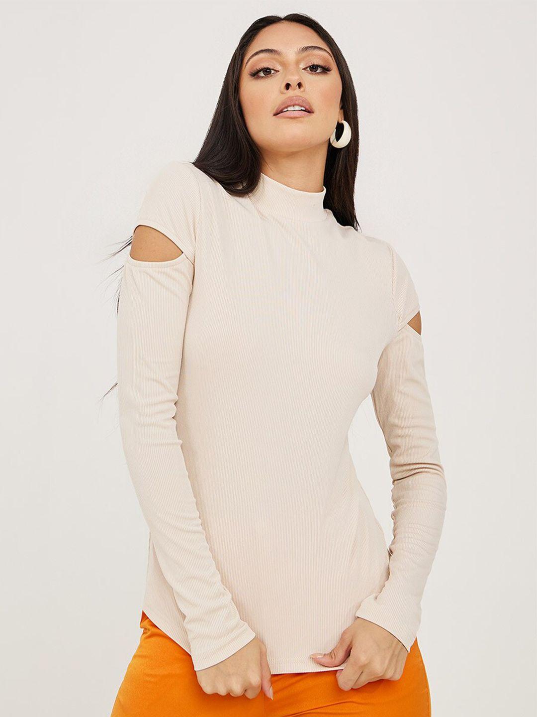 styli woman beige high neck cut-out top