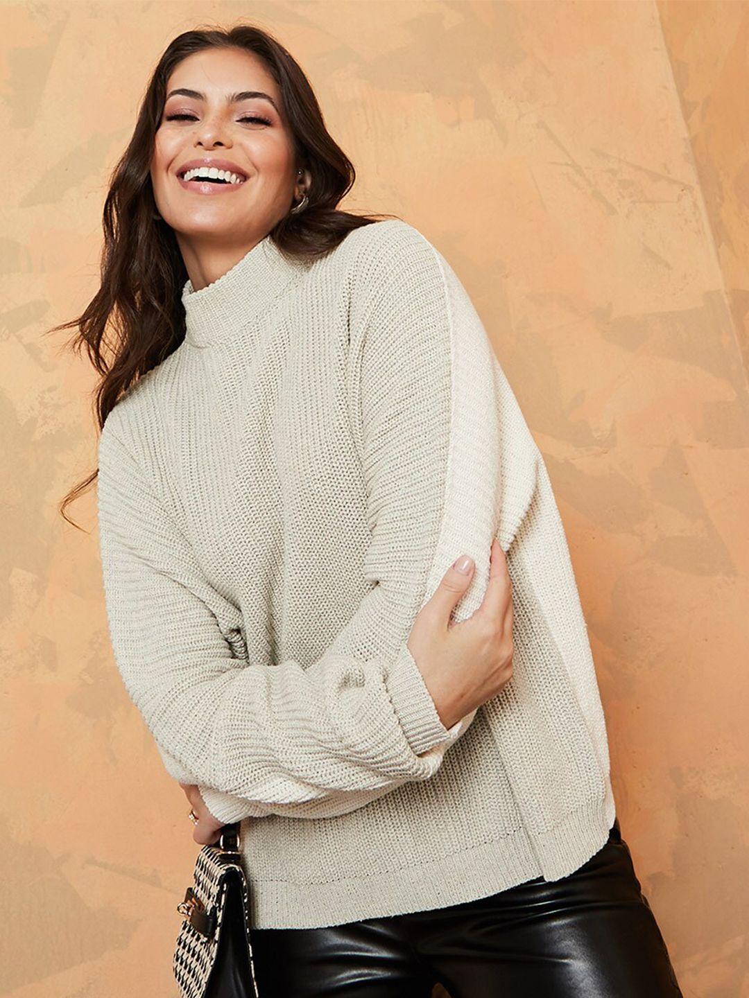 styli women beige & white ribbed pullover