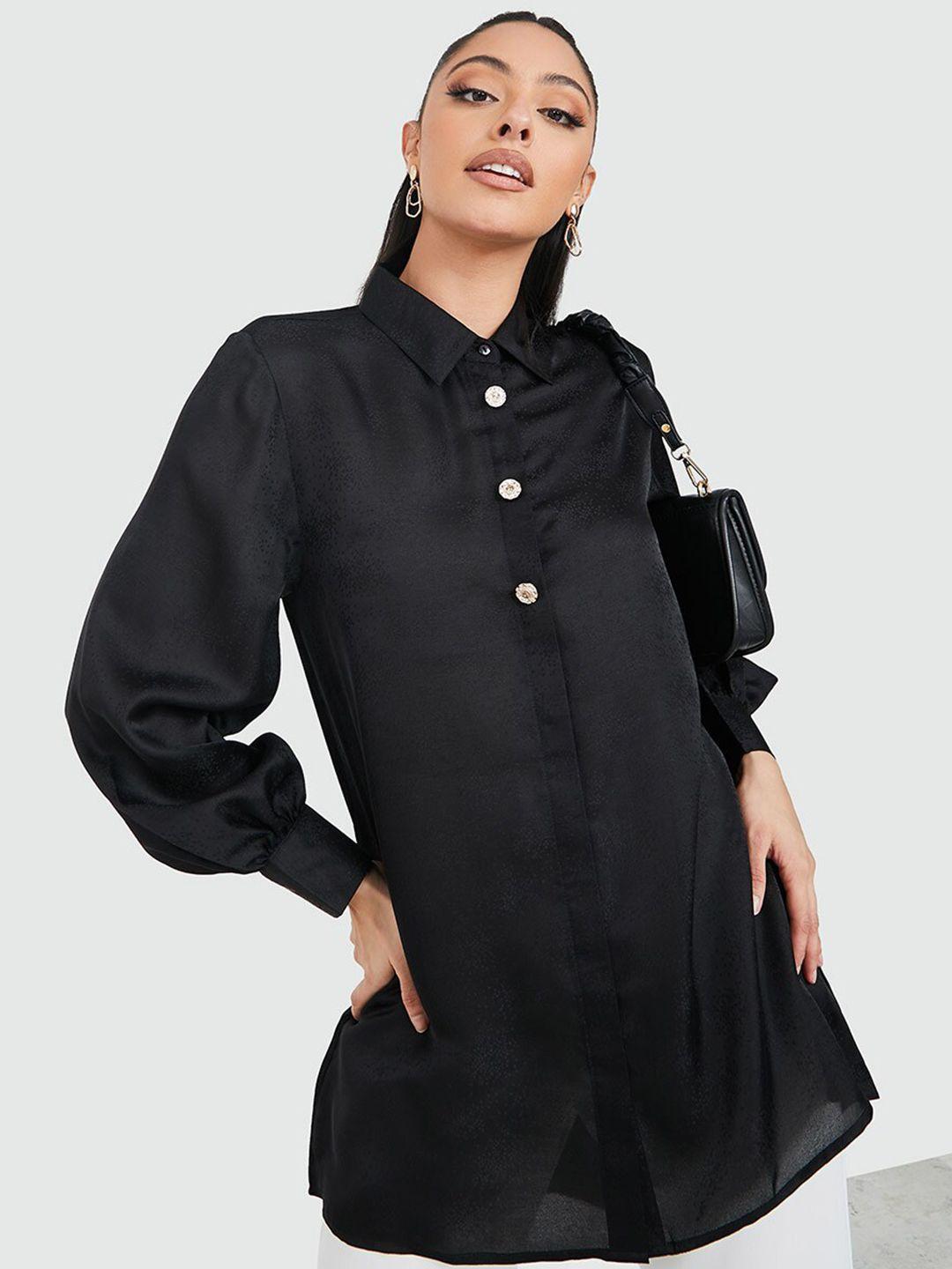 styli women black collared long sleeve jacquard button up longline tunic