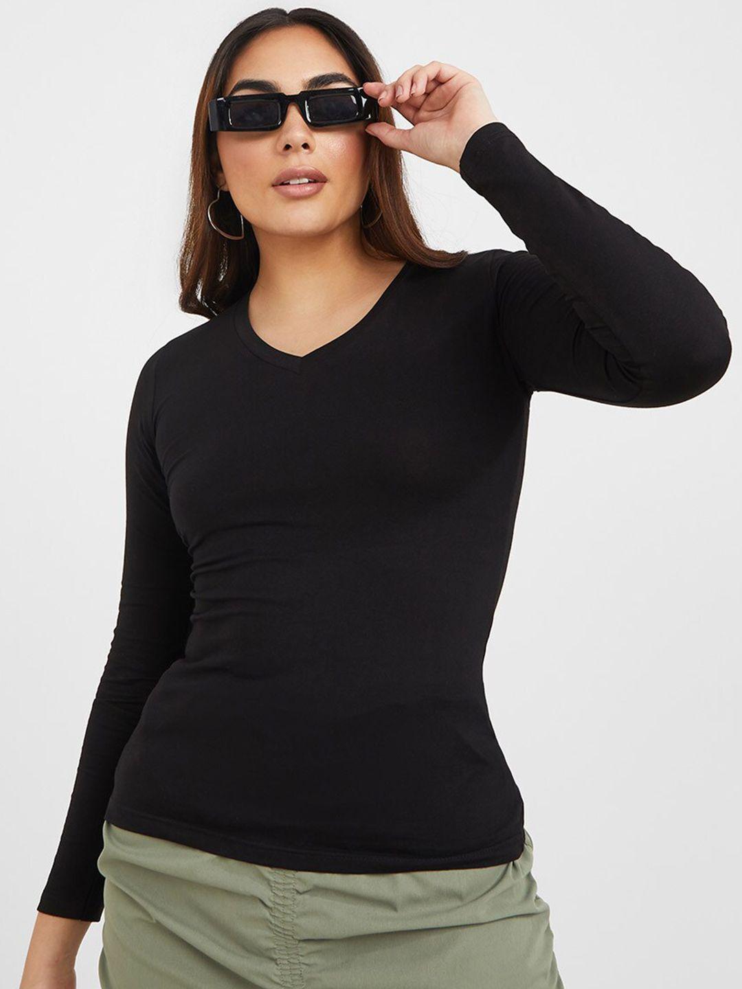 styli women black v-neck slim fit cotton t-shirt