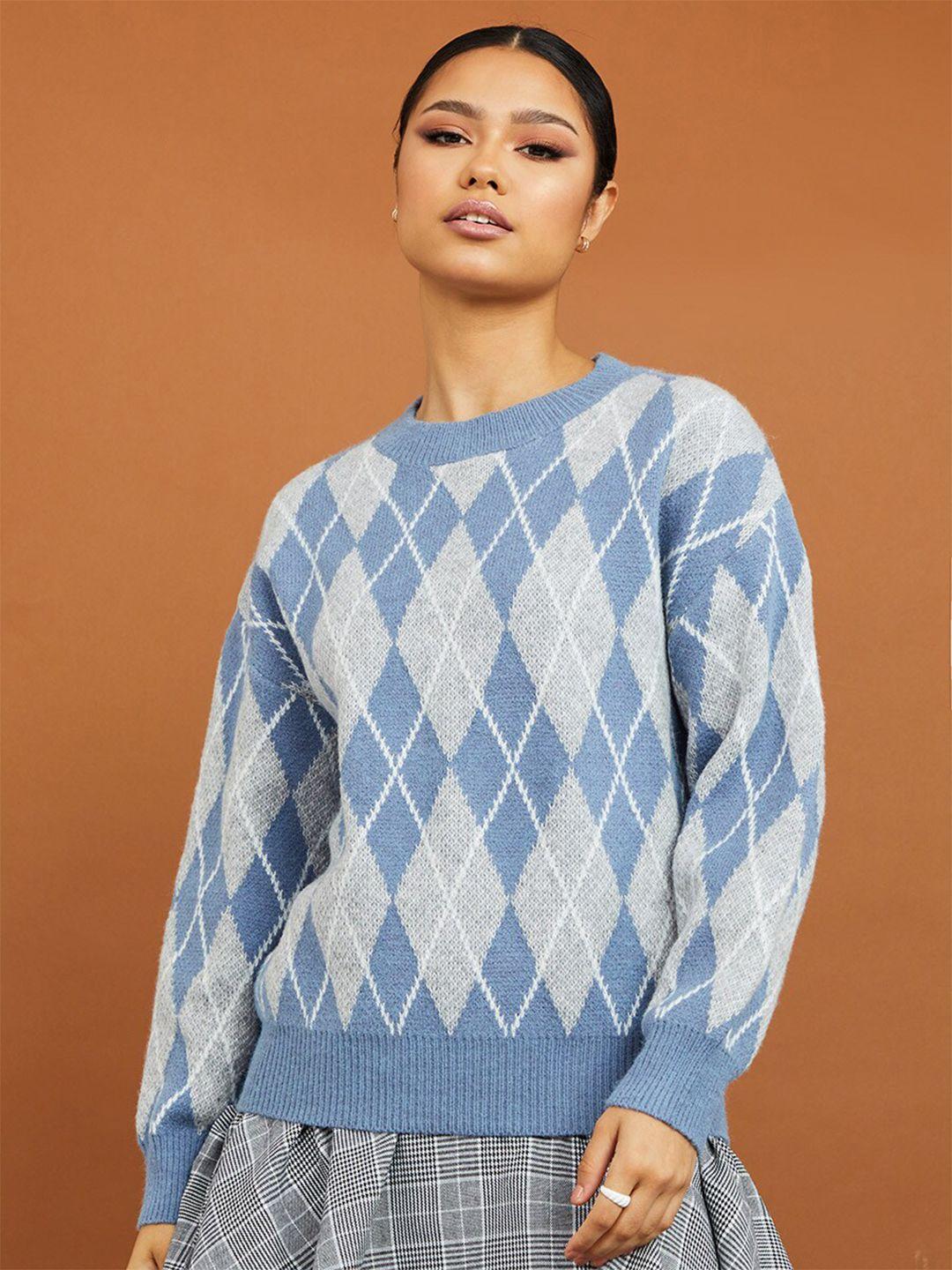 styli women blue & grey argyle pattern regular fit regular length sweater