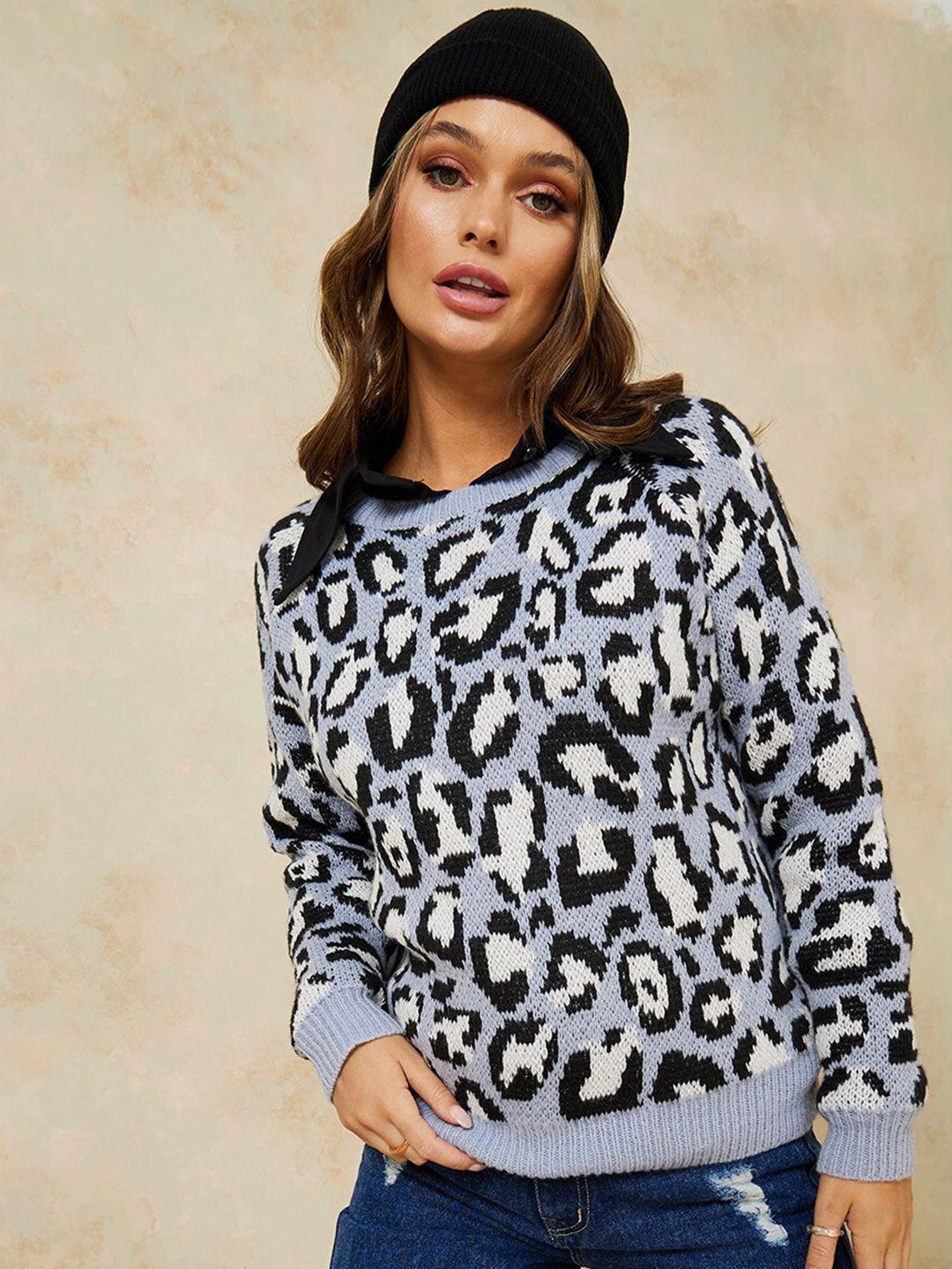 styli women blue & white printed pullover