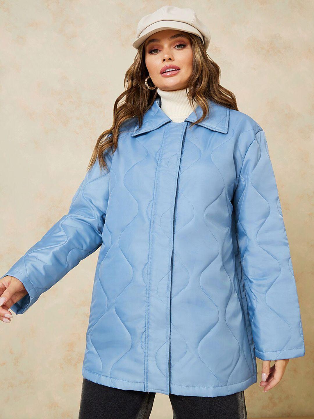 styli women blue longline quilted jacket