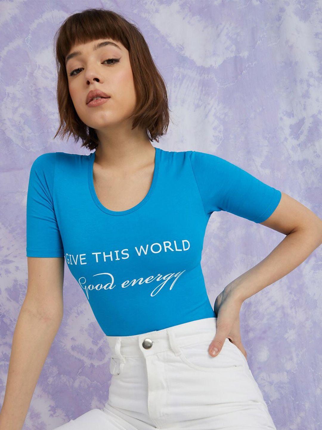 styli women blue short sleeves give this world good energy slogan knit bodysuit