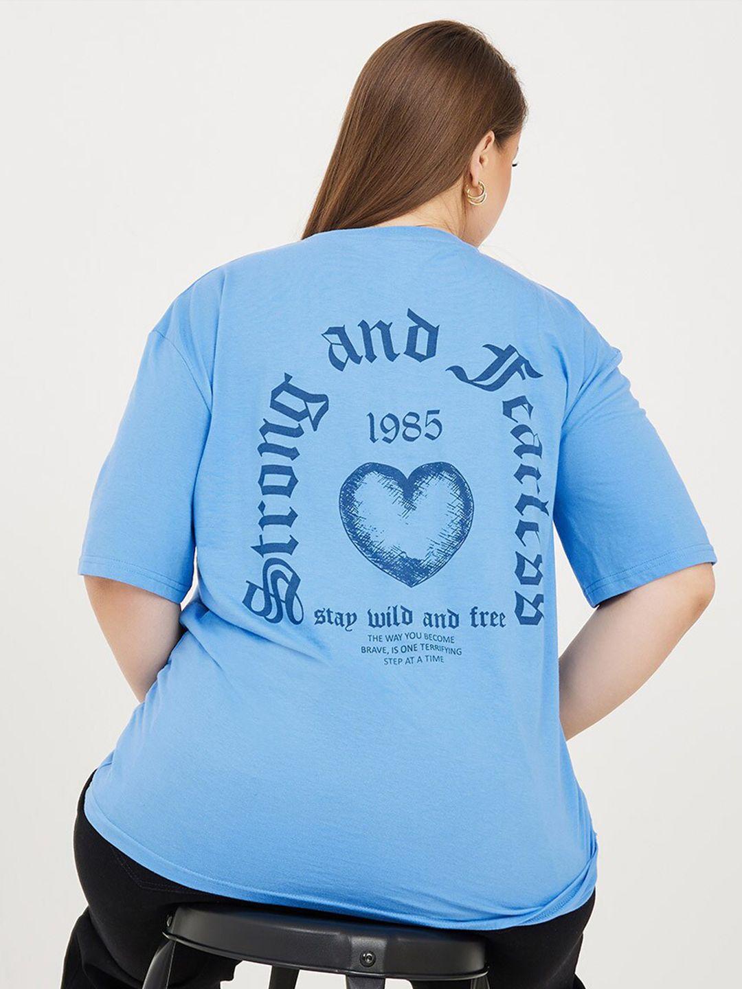 styli women blue typography printed v-neck t-shirt